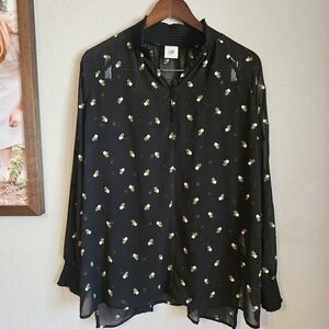 Cabi Floral Embroidered Smocked High Neck Long Sleeve Sheer Blouse Small